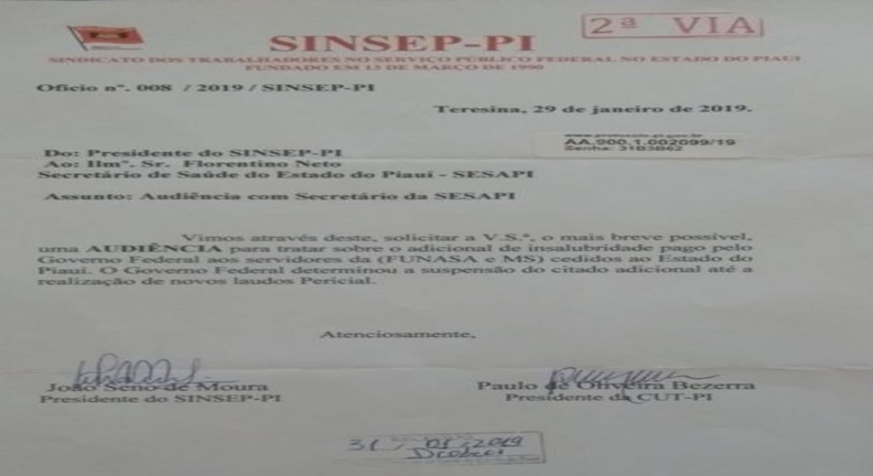 Sinsep-PI protocola pedido de audiência com secretário da SESAPI
