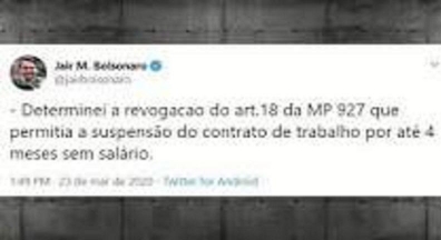Bolsonaro revoga trecho que previa suspensão de contrato de trabalho por 4 meses