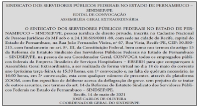 Nova assembleia dos trabalhadores da Ebserh em Pernambuco, dia 18